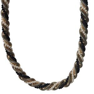 Elegant Gold Tone Twisted Metal Necklace White Black Beads Retro Classic Jewelry